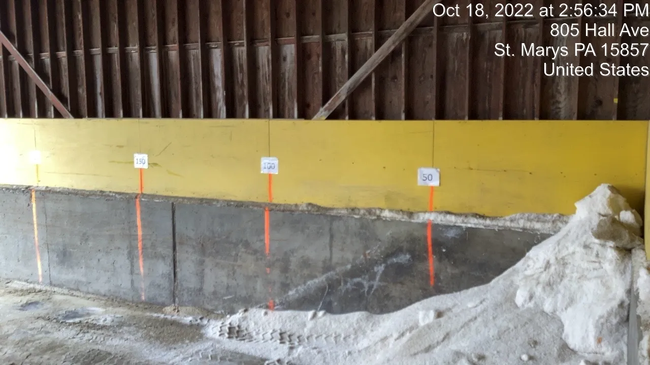An image of the Elk County salt storage shed interior that shows the salt level marks.